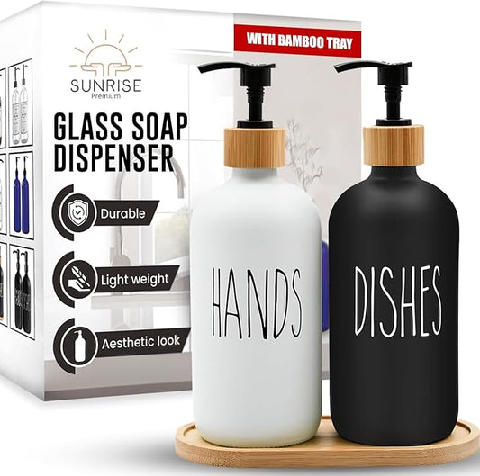 16 OZ Thick White & Black Glass Soap Dispenser, Bamboo Pump with Tray 2 Pack, Hand and Dish Soap Dispenser Set for Bathroom with 6 Waterproof Labels