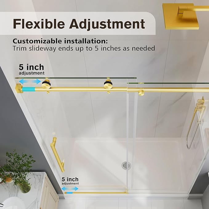Frameless Glass Shower Door, 55-60" W x 76" H Sliding Frameless Shower Door, 1/4''(6mm) SGCC Tempered Glass, Explosion-Proof Film Nano Coating, Stainless Steel Hardware, Brushed Gold