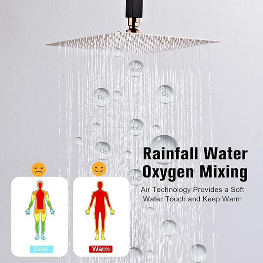 12 Inch Ceiling Mount Shower System Matte Black Gold Rain Mixer Shower Combo Set High Pressure Rainfall Shower Head System Bathroom Luxury Shower Faucet Set Rough-in Valve and Trim Included