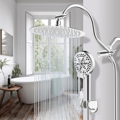 Hibbent All Metal CUPC Certified Shower Head, 10'' High Pressure Rainfall Shower Head, Handheld Showerhead Combo with 12'' Adjustable Extension Arm, 10-Spray, 71'' Shower Hose, Shower Holder, Chrome