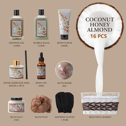 Coconut Almond spa kit, Bath and Body Gift Basket Christmas Gifts for Women & Men Spa Gift Basket,16 Pcs Bath Gift Set With Fragrant Lotion, Home Spa Luxurious Bath Body Oil, Diffuser & More