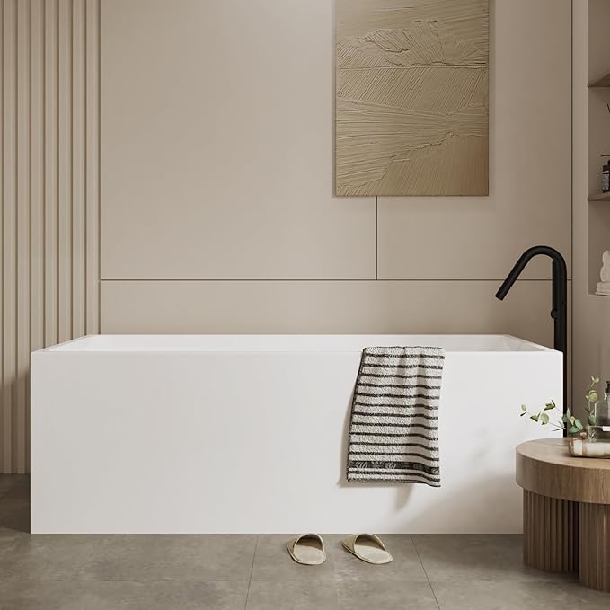 59" Acrylic Freestanding Bathtub - Modern Rectangular Soaking Tub, Glossy White Finish, Chrome Linear Overflow & Drain Kit, CUPC Certified