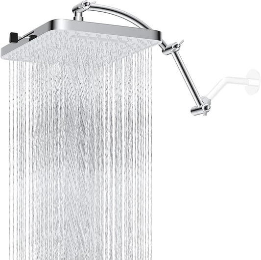 Hibbent Rain Shower Head, 13'' High Pressure Rainfall Square 5 Spray Mode Showerhead with 16" Shower Head Extension Arm, Solid Brass Adjustable Shower Arm Extender, Waterfall fixed Showerheads, Silver