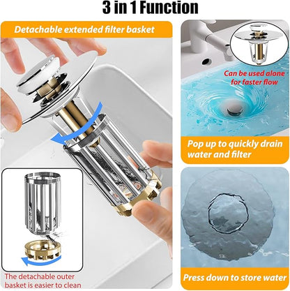 Bathroom Sink Drain Strainer, 2PCS 3 in 1 Pop Up Bathroom Sink Stopper with Removable Brass Basket Hair Catcher, Universal Sink Plug for 1.06 to 1.6in Drain Hole, Chrome Silver