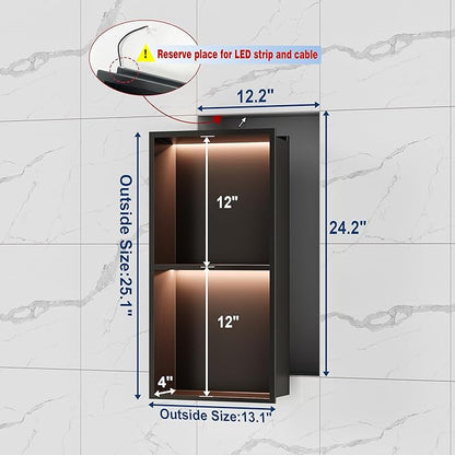 2-Tiers 12x24 Shower Niche, RGB LED Light Strips, Matte Black Wall Cabinet Shlef, Stainless Steel NO Tile Needed Recessed Wall Niche for Bathroom Storage Organizer