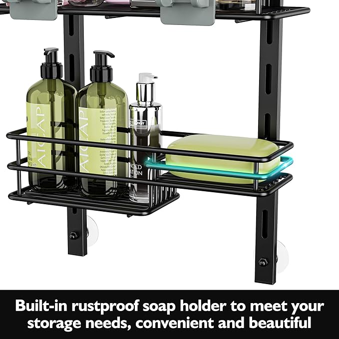 Orimade Over the Door Shower Caddy Adjustable 5 Tier Black,Bathroom Hanging Organizer Shelf Rustproof with 4 Hooks,Shower Basket with Soap Holder and Suction Cup
