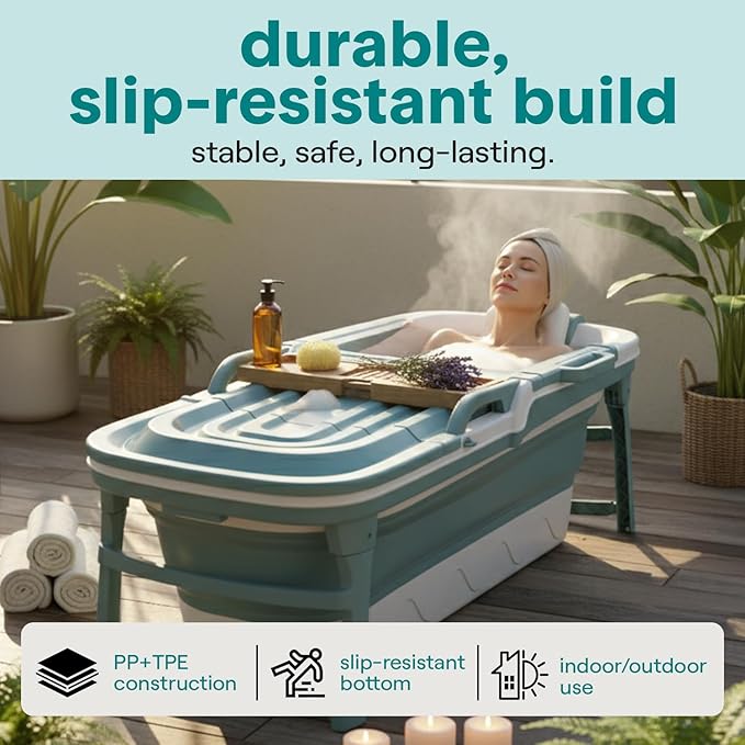 SereneLife 59" Portable Bathtub for Adults – Large Foldable Freestanding Bath Tub for Hot Spa, collapsible for Cold Plunge Ice Bath, Indoor/Outdoor, Pet & Family Use, Complete Set
