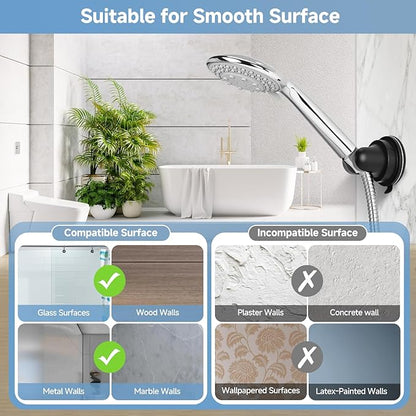 Shower Head Holder, Black 360°Adjustable Handheld Shower Holder Removable No-Drill Strong Adhesive Suction Cup Shower Head Holder for Bathroom