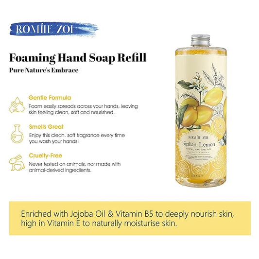 ROMIIE ZOI Foaming Hand Soap Refill, Lemon, Gentle & Moisturizing Formula, 1 L/ 33.8 FL OZ