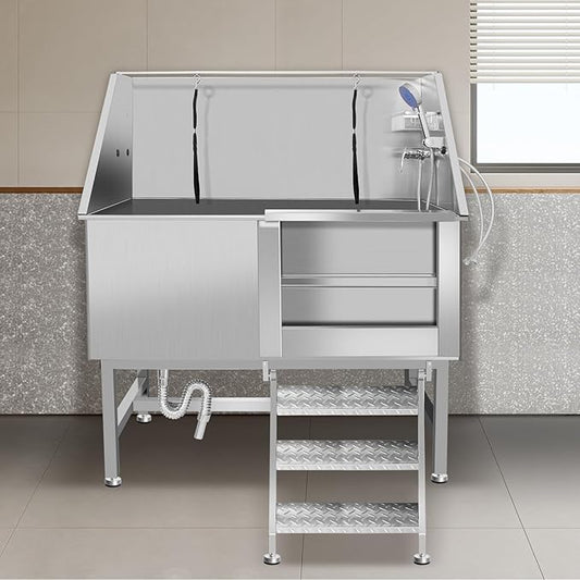 Stainless Steel Dog Cat Pet Grooming Bath Tub (w/Faucet, Sprayer, Shampoo Rack)
