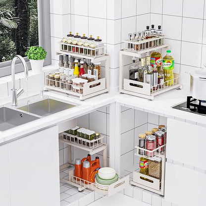 2 Pack Under Sink Organizer, Heavy Duty Metal Slide Out Sink Shelf Organizer Height Adjustable, Multi-Purpose Storage Shelf for Kitchen Bathroom (Sand,2Pack)