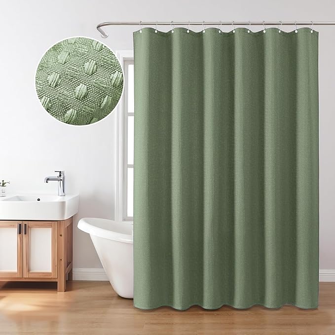 Inhousolu Fabric Shower Curtain Waffle Weave, Sage Green 230 GSM Heavy Duty, Weighted Hem, 12 Metal Hooks, Water Repellent, Machine Washable, Hotel Spa Luxury Bath Curtain Set, 54 x 78 Inch