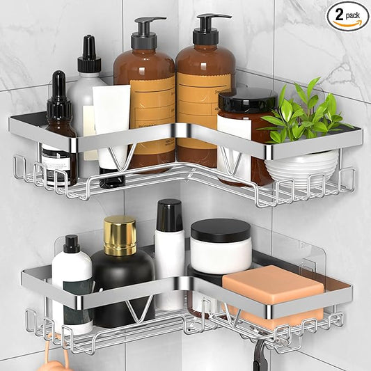 KEGII Corner Adhesive Shower Caddy, Rustproof Shower Shelf with Soap Holder & 14 Hooks, No Drilling Bathroom Rack Storage, Stainless Steel Organizer for Bathroom