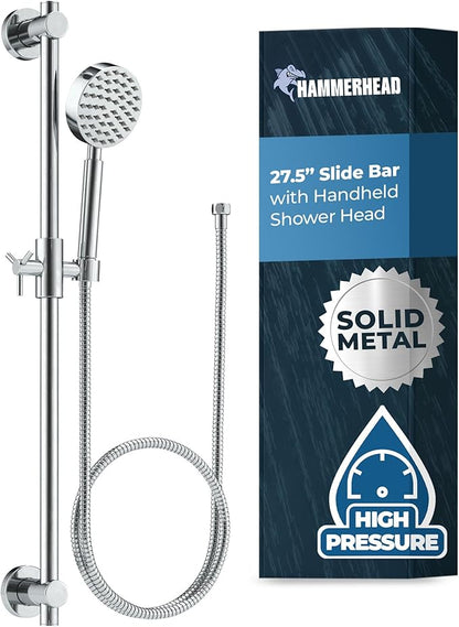 HammerHead Showers® Solid Metal 27.5 Inch Shower Slide Bar Set and Handheld Shower Head with Hose — CHROME — 2.5 GPM High Pressure Spray Wand — Easily Adjust Height & Angle of Handshower