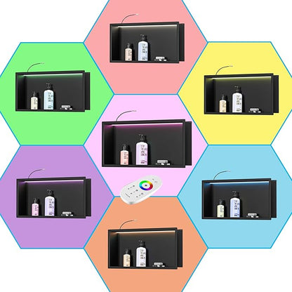 RGB LED Light Shower Niche, Matte Black 24X12 in Stainless Steel Recessed Storage with Remote Control, Waterproof No Tile Needed Wall Niche for Bathroom Storage Built-in Installation