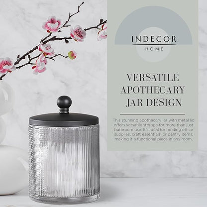 Gray Colored Tranlucent Apothecary Ribbed Geo Etched Glass Jar W/Matte Black Metal Lid Cover for Bathroom Organization, Cotton Balls, Q Tips, and Small Accessories, Bathroom Storage