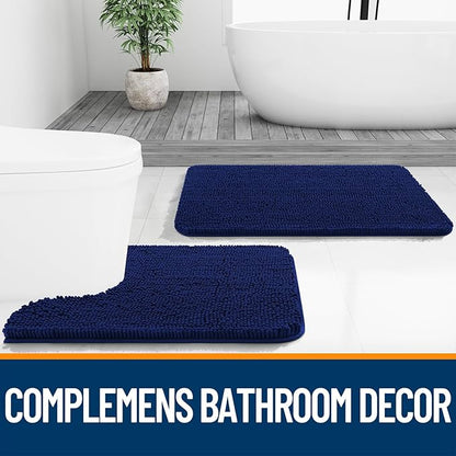 OLANLY Bathroom Rugs Sets 2 Piece, Soft Absorbent Chenille Bath Mats and U-Shaped Contour Toilet Mat Area Rug Set, Machine Washable Bath Carpet, Home Decor Accessories(36"x24"+24"x20", Navy)