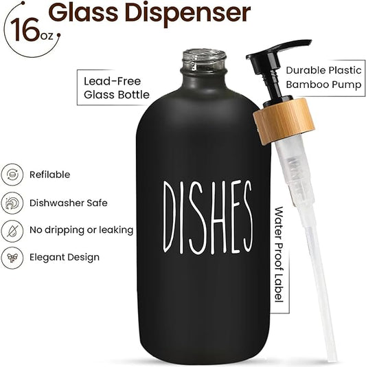 16 OZ Thick Black Glass Soap Dispenser, Bamboo Pump with Tray 2 Pack, Hand and Dish Soap Dispenser Set for Bathroom with 6 Waterproof Labels