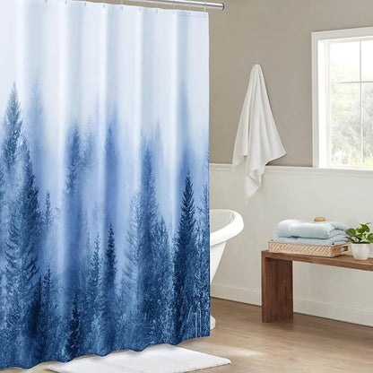 ORTIGIA 84 Inch Extra Wide Blue Misty Forest Shower Curtain for Bathroom, Nature Woodland Shower Curtain Set with Hooks, Decorative Pine Tree Fog Magic Bath Curtain, Waterproof Fabric, 84x72