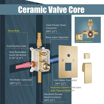 Aolemi Shower Faucet Set Rain Shower System with Handheld Spray Bathroom Shower Combo Rough-in Valve and Shower Trim Kit Included Brushed Gold 12 Inch Wall Mount Shower Head