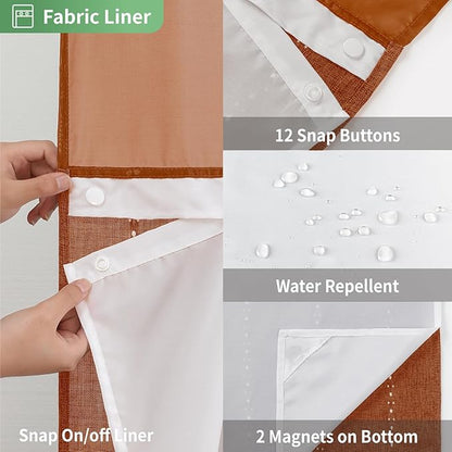 No Hook Long Shower Curtain Set with Snap-in Fabric Liner,Linen Textured Thick Striped Fabric with Tassels,Boho Farmhouse Rustic Luxury Bathroom Curtain,Water-Repellent,Orange,71x80