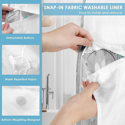 No Hook Flower Daisy Shower Curtain with Snap in Fabric Liner Set, Gray Wooden Boards Double Layers Waterproof Fabric with See Through Top Window Open Grommet Bath Curtain 71x74 Inch