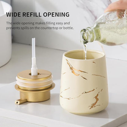 Enra Ceramic Gold Soap Dispenser, 12 oz Modern Liquid Hand Soap Dispenser for Bathroom Kitchen with Easy-to-Press(Glod Liquid Type-Beige)