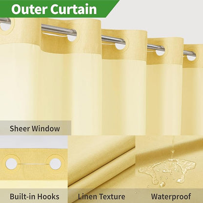 Extra Long No Hooks Needed Linen Textured Shower Curtain with Snap-in Fabric Liner Set,White Hotel Luxury Decor Shower Curtains for Bathroom,Waterproof & Washable,71Wx86H,Gold