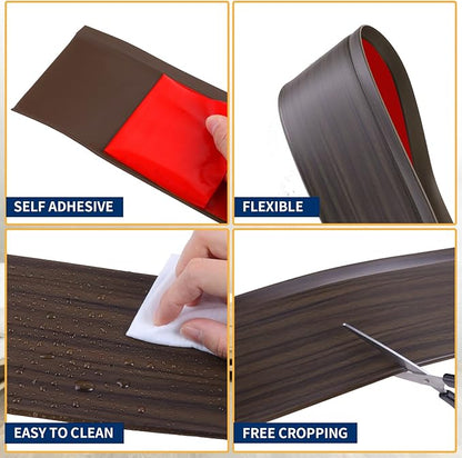 Flexible Baseboard Molding Trim 4 Inch Self-Adhesive Vinyl Wall Base Peel and Stick Cove Base Rubber Wall Baseboard Moulding Trim (100Ft, Brown Oak)