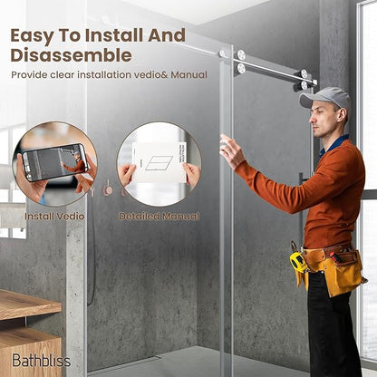 Bathbliss Glass Shower Door 44"-48" Wx76 H,Frameless Sliding Glass Door with 5/16"(8mm) Tempered Glass Shower with Brushed Nickel Finish