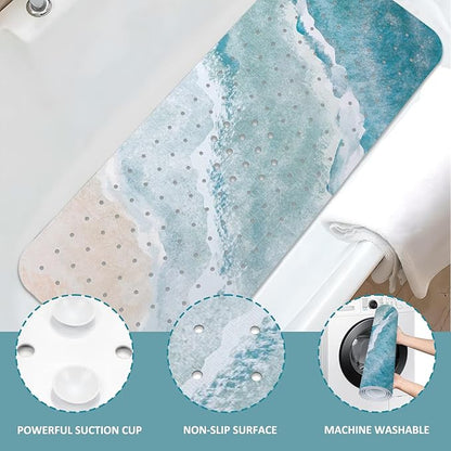 Beach Bathtub Mat Non Slip, Baby Bath Mat for Tub Rubber Tub Mat, Kids Bath Mats for Bathroom Ocean Waves Anti Slip Shower Mat with Suction and Drain Holes Machine Washable, 40″X16″