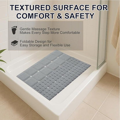 Anti Slip Shower Mat for Tub & Shower Stall, 21" x 21" Square Silicone Bathtub Mat with Powerful Suction Cups, Fast-Draining, Machine Washable Soft Foldable Bathroom Mat, Grey