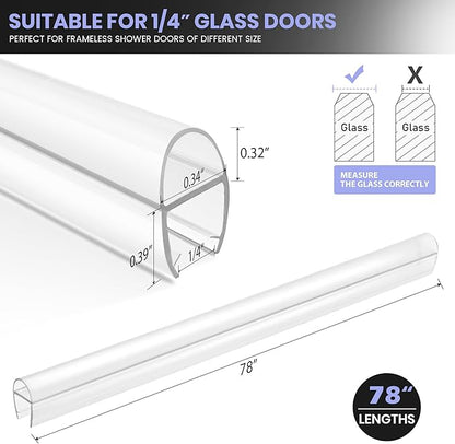 Bathroom Shower Door Seal Strip, 2PCS 78 Inch Shower Door Bottom&Side Seal Strips, U-Type PVC Transparent Shower Door Seal Strip for 1/4"(6MM) Frameless Shower Door