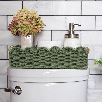 CubesLand Scalloped Decor Basket for Living Room, Home, Bathroom, 2SAME SIZE Paper Rope Basket, Toilet Storage Baskets for Over Toilet Storage Shelf, Cozy Woven Basket Both Storage&Decor, Green