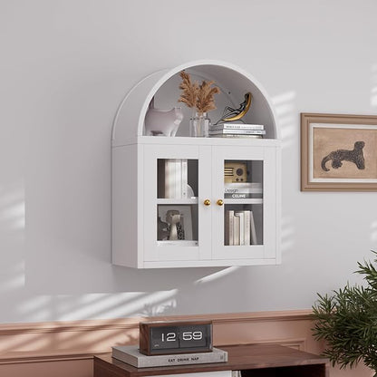 Arched Wall Cabinet, Bathroom Wall Mounted Cabinet with Glass Display Doors, Adjustable Shelves for Bathroom, Living Room, Dining Room, Laundry, Kitchen