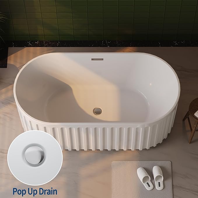 67" Freestanding Bathtub, Deep Soaking Tub with Non-Slip Base, CUPC Certified Stand Alone Tub, Modern Bathroom Soaker Tub with Chrome Drain, Easy Install, White