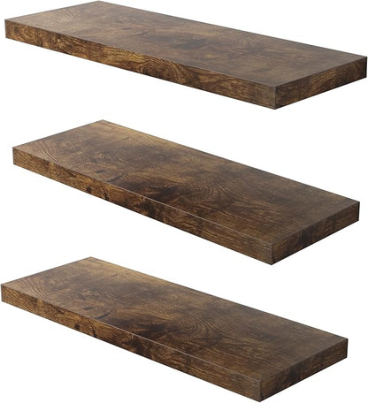Floating Shelf, Set of 3 Wall Shelf, 24 in W x 12.75 in D x 2 in H Wooden Floating Wall Shelf with Invisible Brackets for Living Room/Bedroom/Bathroom/Kitchen Storage and Decor, Rustic Brown