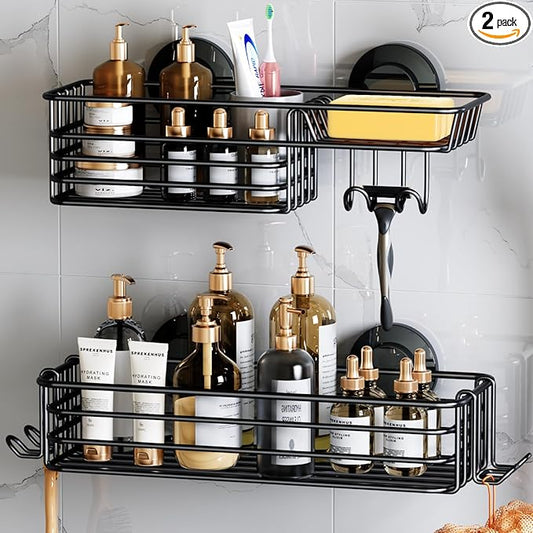 LEVERLOC Shower Caddy Suction Cup, 2 Pack Shower Shelves for Inside Shower with Hooks & Soap Holder, NO-Drilling Bathroom Shower Organizer, Rustproof Meatl Shower Holder Storage, Black