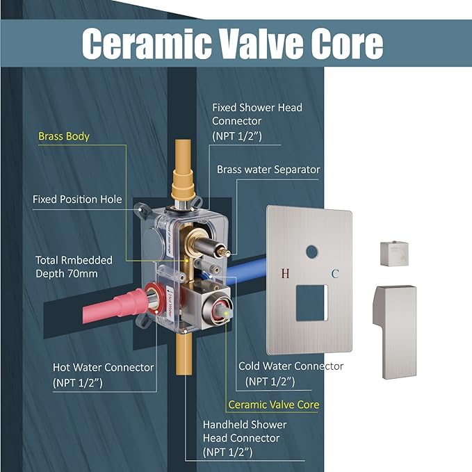 Aolemi Shower Faucet Set Rain Shower System with Handheld Spray Bathroom Shower Combo Rough-in Valve and Shower Trim Kit Included Brushed Nickel 12 Inch Wall Mount Shower Head