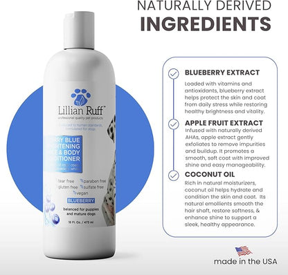 Lillian Ruff PRO Formula Blueberry Waterless Dog Shampoo & Berry Blue Brightening Conditioner - No-Rinse Odor Eliminator & Hydrating Whitening Conditioner Detangles, Restores Skin, Softness & Shine