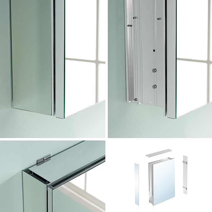 WELLFOR 48" x 30" Bathroom Medicine Cabinet, Anodized Chrome Aluminum Frame, Medicine Cabinet with Adjustable Glass Shelves, Bathroom Mirrored Cabinet, Surface or Recessed Mount, Three Doors