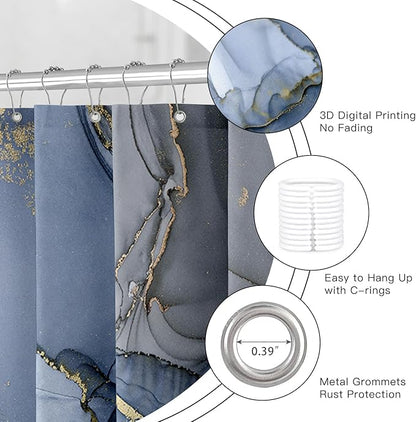 Navy Blue Marble Shower Curtain, Dark Blue Modern Abstract Fabric Shower Curtains for Bathroom, Luxury Art Ink Texture Watercolor Shower Curtain Set with Hooks 72x72