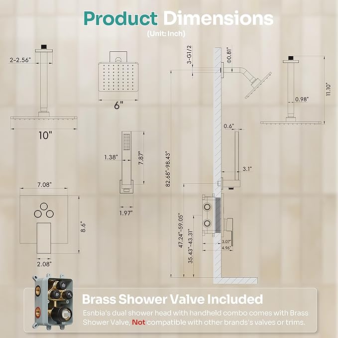 Black Shower System, Matte Black Shower Faucet Set with 3 In 1 Push Button Shower Diverter Valve, 10'' Ceiling Shower Head and 6'' Wall Mounted Shower Head, Black Rain Shower Head with Handheld Spray