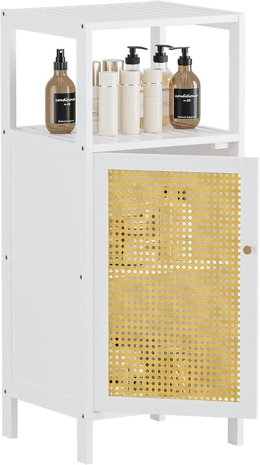HITNET Bamboo Cabinet, Bathroom Storage Cabinet with Rattan Doors, Narrow Side Storage Organizer Freestanding Floor Cupboard for Small Space, White