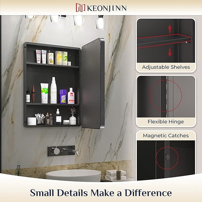 Keonjinn 24 x 32 Inch Black Recessed Medicine Cabinets, Bathroom Mirrored Medicine Cabinet, Gloss Black Stainless Steel Framed, Adjustable Shelves, in Wall or Surface Mount, Sturdy & Heavy, Farmhouse