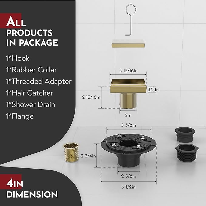 WEBANG 4 Inch Square Shower Drain Gold Floor Drain with Flange Reversible 2-in-1 Cover Tile Insert Grate Removable SUS304 Stainless Steel CUPC Certified Brushed Gold