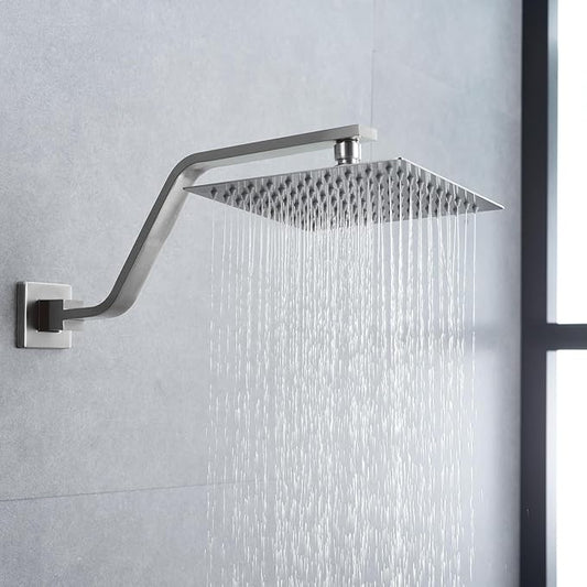 16 Inch S Shape Brushed Nickel Shower Head Arm, Square Wall Mounted Shower Arm and Flange Included
