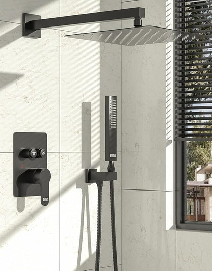 Rainfall Shower System with Handheld Spray and 12" Rain Shower Head, Can Be Use at Same Time, Push Button Multi Shower Head System for 2 People, Matte Black