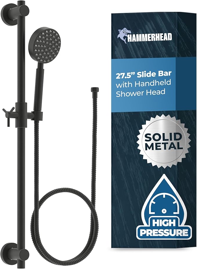 HammerHead Showers® Solid Metal 27.5 Inch Shower Slide Bar Set and Handheld Shower Head with Hose — MATTE BLACK — 2.5 GPM High Pressure Spray Wand — Easily Adjust Height & Angle of Handshower