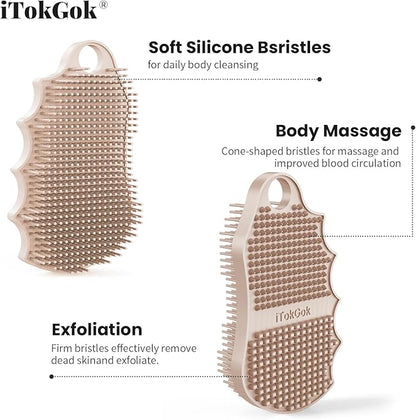 Silicone Body Scrubber Silver-Infused Dual-Sided 3-in-1 for Shower, Body Cleaning+Massage+Exfoliator Body Brush Buffer for Men and Women, Silicone Loofah, Non-Slip Handle (Sand Pink)